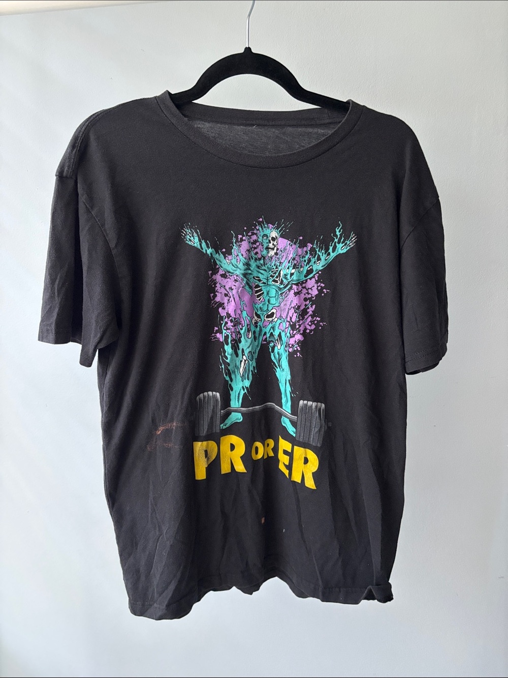 Black Graphic Crewneck T-Shirt with Turquoise & Purple Skeleton Print